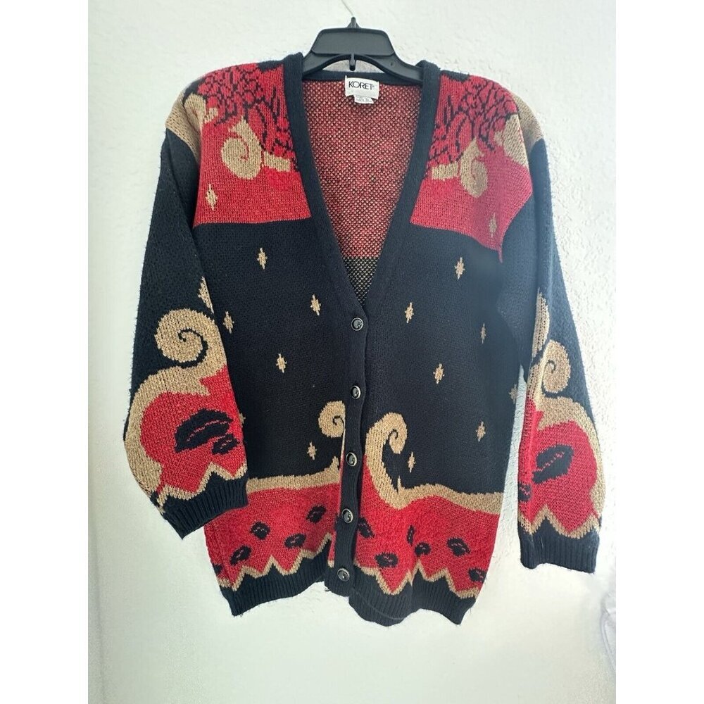 Vintage KORET Women Knit Cardigan Sweater Red Black Size M Artsy Abstract Granny